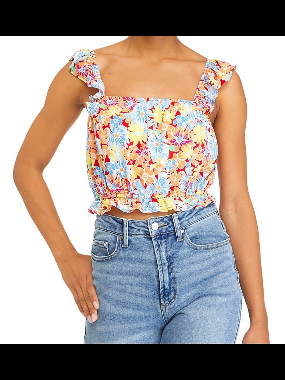 NWT As U Wish Multicolor Floral Ruffle Strap Crop Top Size Xl